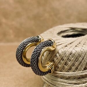 Vintage Anne Klein AK Signed Gold Tone Silver Metal Mesh Half Hoop Post Earrings
